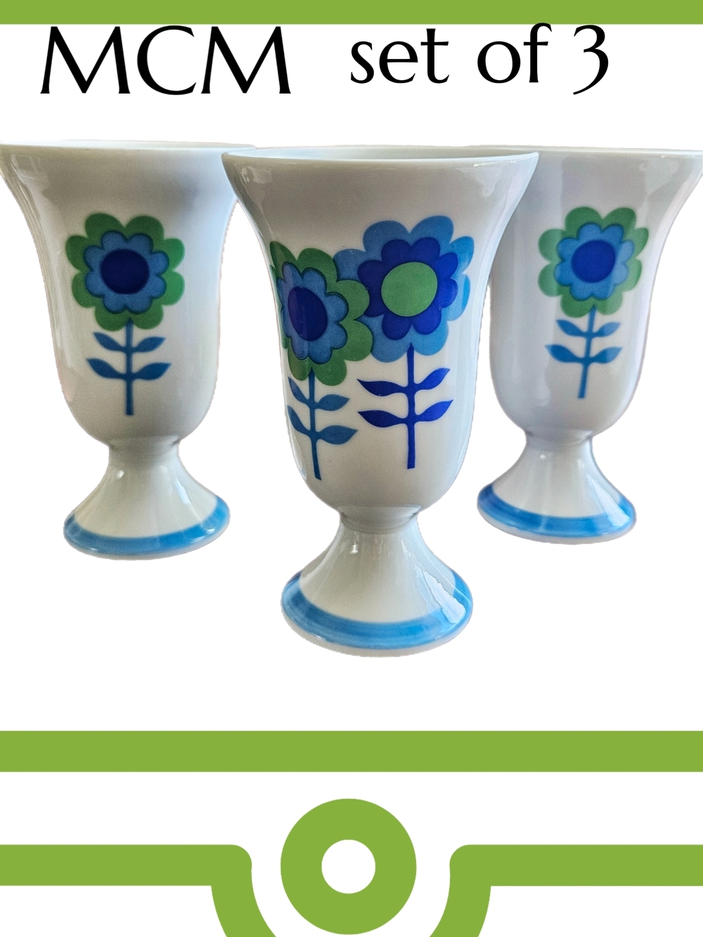MCM "Flower Power" White Ceramic Vases with Blue & Green Daisey Motif - Set of 3